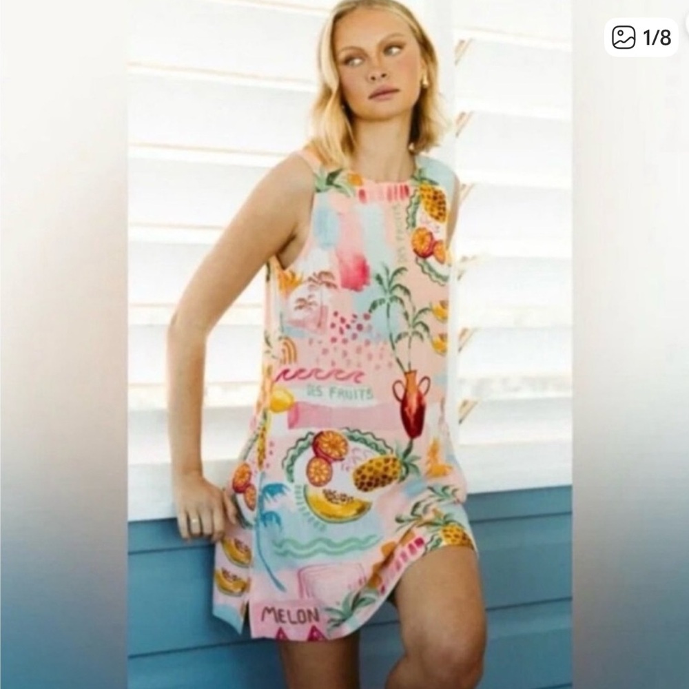 Anthropologie PAPER HEART Tropical Print Mini Dress Size L Linen Blend Vacation